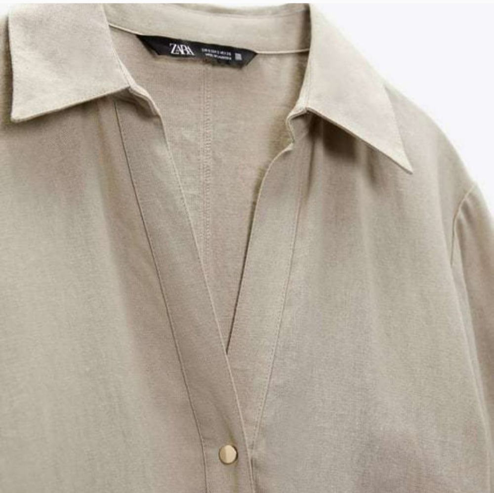 NWT. Zara Midi Linen Blend Dress Pockets long sleeve Sz S - Picture 7 of 9